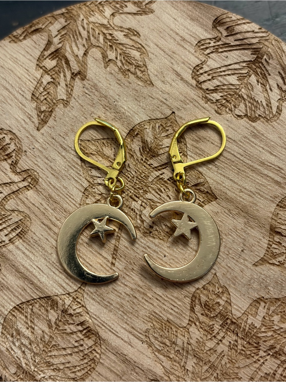 Gold Crescent Moon & Star Drop Earrings with Lever-Back Closures
